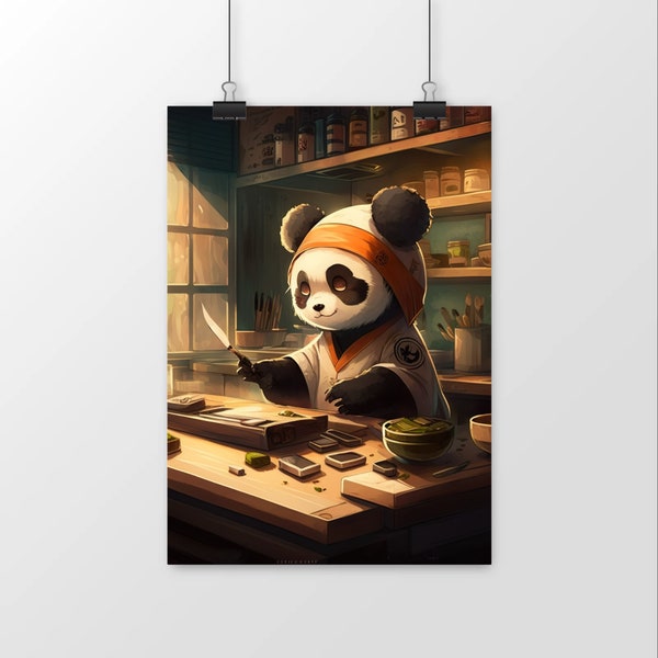 Poster manga d'un panda travaillant comme chef dans un restaurant de sushi travaillant derrière le comptoir, anime art style