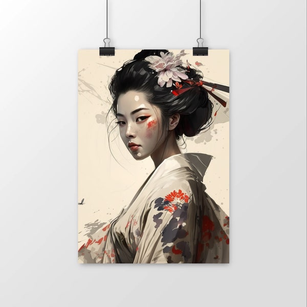 Affiche murale geisha | illustration style art japonais | décoration murale geiko