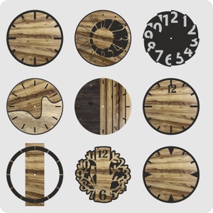 May include: Nine different clock face designs with wood grain patterns. The designs include a sun, a tree, a wave, and a simple clock face.