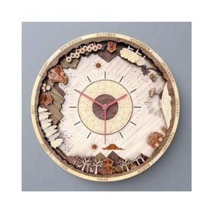 Op de afbeelding: Een ronde houten klok met een gedetailleerd boslandschap, inclusief bomen, huizen en dieren. De wijzerplaat van de klok is omringd door een ring met de maanden van het jaar, en de wijzers zijn rood en zwart.