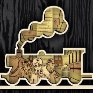 May include: A wooden cutout of a train with a steam engine and three passengers. The train is decorated with a brown and gold color scheme. The train is labeled with the number "9 3/4" and the words "Platform 9 3/4".