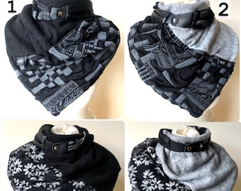 Handmade by Kata in UK Triangle scarf Option of Black and grey Neck warmer fleece lined warm and stylish winter accessories  tube snood wrap