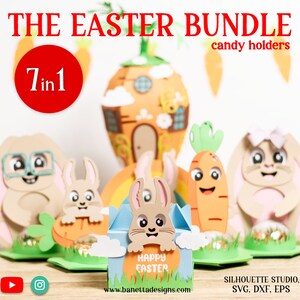 Könnte beinhalten: Ein Set mit 7 Oster-Süßigkeitenhaltern, darunter ein Hase, eine Karotte und ein Haus. Die Halter sind aus Papier und mit bunten Details verziert. Der Text "THE EASTER BUNDLE" und "7 in 1" wird oben im Bild angezeigt. Der Text "candy holders" wird unter dem Titel angezeigt. Der Text "HAPPY EASTER" wird auf dem hasenförmigen Halter angezeigt. Der Text "www.banettadesigns.com" wird unten im Bild angezeigt. Der Text "SILHOUETTE STUDIO, SVG, DXF, EPS" wird unten rechts im Bild angezeigt.