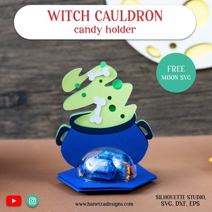 May include: A blue cauldron with green bubbling potion and white bones, a candy holder for Halloween. The cauldron is on a blue base with a clear dome for holding sweets. The text "WITCH CAULDRON candy holder" is at the top of the image. The text "FREE MOON SVG" is in a green circle at the top right of the image.