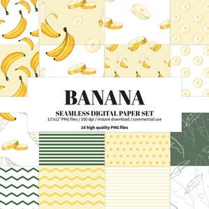 Banana Digital Paper Set, Seamless Textures for Summer, Commercial use printable