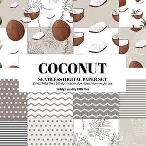 Digitalt pappersset med kokosnöt, sömlösa texturer för sommaren, utskrivbart för kommersiellt bruk