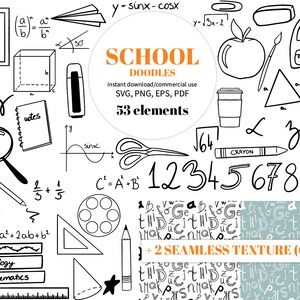 Può includere: Illustrazioni in bianco e nero di linea di forniture scolastiche, tra cui una matita, un righello, un goniometro, una lente d'ingrandimento, un quaderno, uno zaino, una stella, un pastello, un pennello, una calcolatrice, una tazza di caffè, una mela, un aeroplano di carta, un paio di forbici, un grafico, una forma geometrica, un'equazione matematica e i numeri da 1 a 10. Il testo "SCHOOL DOODLES" è in un cerchio con sfondo arancione. Il testo "53 elementi" è sotto il cerchio. Ci sono due motivi senza cuciture di testo correlato alla scuola nell'angolo in basso a destra. Il testo "+ 2 TEXTURE SENZA CUCITURE (REGALO)" è sotto i motivi.