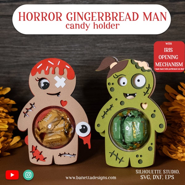 HORROR and ZOMBIE Gingerbread man Halloween candy holder, treat box, ornament gift SVG - digital download