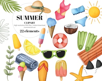 CLIPART SET - SUMMER Digital, Transparent background for Summer, Commercial use printable