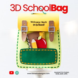 Könnte beinhalten: Ein 3D-Schulranzen aus Papier in Gelb und Grün mit dem Text "3D SchoolBag" in Rot. Die Tasche hat braune Riemen, eine grüne Tasche und eine gelbe Klappe mit dem Text "Welcome Back to School!" Im Inneren befinden sich ein Bleistift, ein Apfel und ein Lineal.