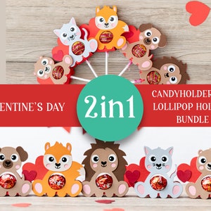 May include: Valentine's Day candyholder and lollipop holder bundle featuring animal designs. The image shows a variety of animal-shaped holders, including a dog, squirrel, hedgehog, cat, and bear, each holding a lollipop. The text reads "Valentine's Day" and "2in1".
