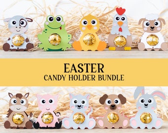 May include: A set of 10 printable Easter candy holders featuring various animal designs, including a chick, frog, cow, lamb, horse, pig, cat, dog, and bunny. The holders are designed to hold a chocolate egg or other small treat. The text "EASTER CANDY HOLDER BUNDLE" is displayed on a yellow background.