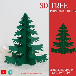 May include: A 3D paper Christmas tree decor, green in color, with a folded design. The image also shows a flat template of the tree, with a dotted line down the center, for cutting and assembling the 3D tree. The text "3D TREE CHRISTMAS DECOR" is at the top of the image, and the text "SILHOUETTE STUDIO, SVG, DXF, EPS" is at the bottom of the image.