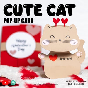 Jolie carte CHAT POP-UP, cadeau Saint-Valentin, svg - téléchargement numérique