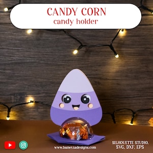 May include: Purple and white candy corn shaped holder with a smiling face. The holder is holding a small round chocolate candy. The text "CANDY CORN candy holder" is at the top of the image. The text "www.bannettadesigns.com" is at the bottom of the image. The text "SILHOUETTE STUDIO, SVG, DXF, EPS" is in the bottom right corner of the image.