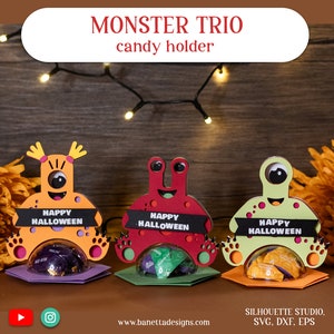 MONSTER TRIO Halloween standing candy holder, treat box, ornament gift SVG - digital download