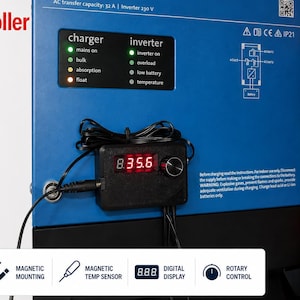 May include: A Victron MultiPlus-II fan thermostat controller featuring a black rectangular unit with a red digital display showing 35.6, a rotary control knob, and black wiring. The unit is mounted on a blue and black power inverter device.