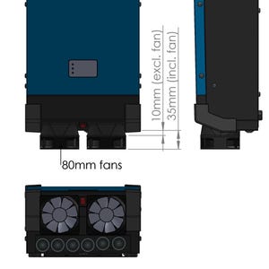 Könnte beinhalten: Technische Zeichnung eines schwarzen und blauen elektronischen Geräts. Das Gerät hat zwei 80-mm-Lüfter und Abmessungen von 10 mm (ohne Lüfter) und 35 mm (mit Lüfter). Das Diagramm zeigt das Gerät aus mehreren Blickwinkeln.