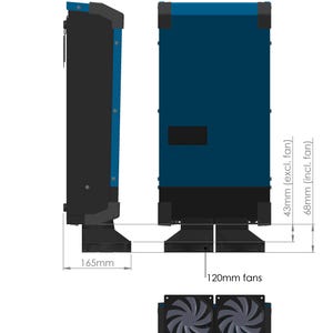Könnte beinhalten: Technische Illustration eines blauen und schwarzen rechteckigen Geräts mit Maßangaben in Millimetern. Das Gerät verfügt über zwei 120-mm-Lüfter und ist 165 mm breit. Die Höhe beträgt 43 mm ohne Lüfter und 68 mm mit Lüfter.