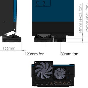 Könnte beinhalten: Technische Zeichnung eines schwarzen und blauen elektronischen Bauteils. Das Diagramm zeigt eine Breite von 166 mm, einen 120-mm-Lüfter und einen 80-mm-Lüfter. Die Höhe beträgt 14 mm (ohne Lüfter) und 39 mm (mit Lüfter).
