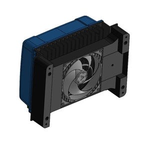 Può includere: Un componente per computer con un involucro blu e nero e una ventola. La ventola ha più pale ed è racchiusa in una cornice grigia. Il componente è rettangolare con alette sulla parte superiore. Misure in cm.