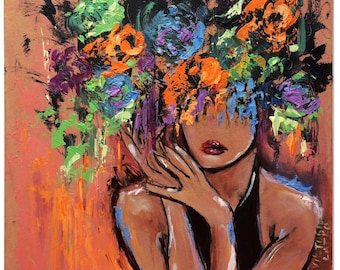 Floral Woman Painting Print: Faceless Portrait & Flowers, Mysterious Female Image Wall Art
