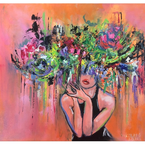 Floral Woman Painting Print: Abstract Faceless Portrait Art, Woman's Face with a Crown of Flowers