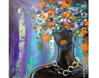 African American Art Original Painting Print Black Woman Art Poster Faceless Woman Art Face Flowers Wall Art Woman Portrait Painting Print