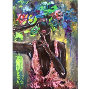 アフリカ系アメリカ人女性の絵画プリント オリジナルアートポスター 黒人女性のアート 顔のない肖像画 具象芸術 花の絵画