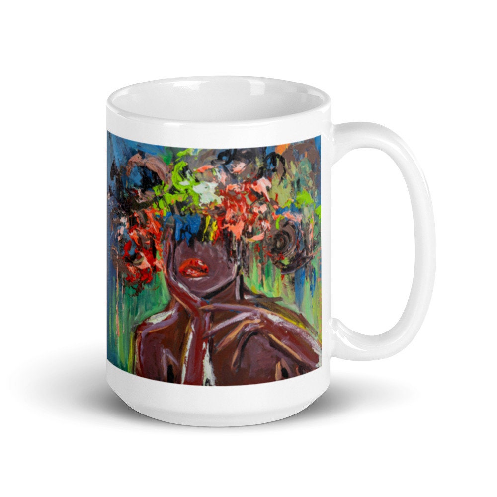 Art Coffee Mug Femme Peinture Imprimer Glossy Ceramic Original Art Portrait Black Woman 15Oz Print F