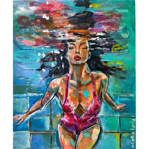 Underwater Art Original Painting Print Colorful Woman Art Swimmer Painting Poster Woman Swimming Painting Figurative Painting