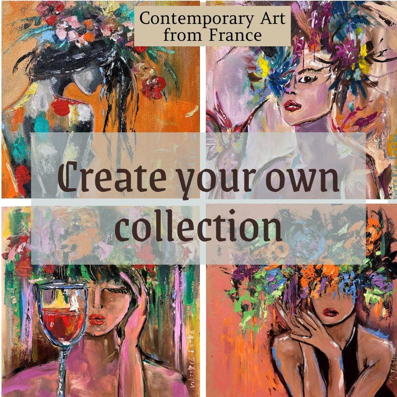 May include: A collection of four abstract paintings featuring women with floral headpieces. The artwork is in vibrant colors, with text that reads "Contemporary Art from France" and "Create your own collection."