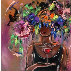 Black Woman Painting Print Original Art Poster Faceless Portrait Artwork Abstract Woman Wall Art Portrait Girl and Wine Painting Print