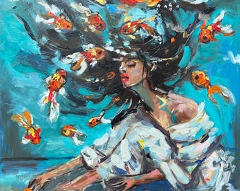 May include: An oil painting depicts a woman surrounded by koi fish in a turquoise aquatic setting. The woman has long dark hair and is wearing a white garment. The painting has a textured, impressionistic style.