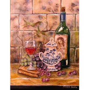 Wein Malerei Druck Original Kunst Poster Realistische Stillleben Malerei Obst Malerei Trauben Malerei Flasche Wein Wandkunst