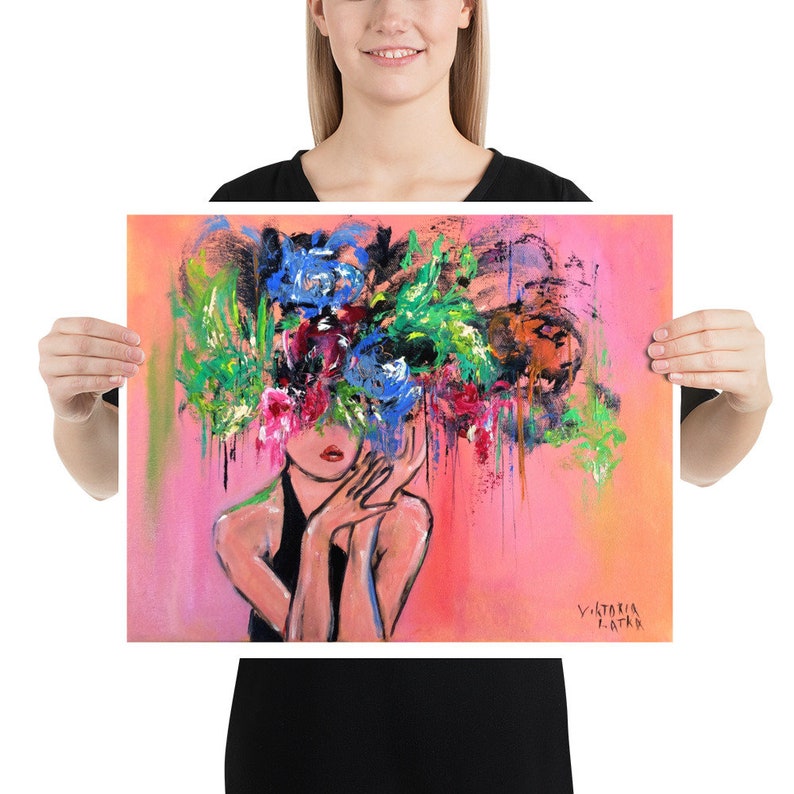 Woman Painting Print: Wildflowers & Faceless Portrait Painting, Woman's Face with a Crown of Flowers Art 16×20 inches