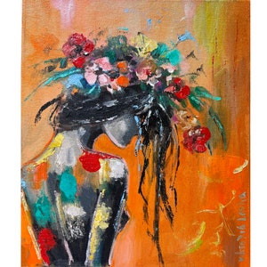 May include: Abstract painting of a person with black hair and a colorful floral crown. The background is a warm orange color.