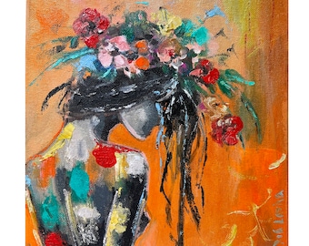 Woman and Gerbera Painting Print: Faceless Portrait & Flowers, Sensual Figurative Wall Art