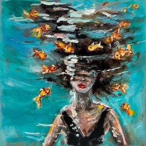 Stampa di un dipinto di donna e pesce rosso: ritratto surreale, arte subacquea, arte murale figurativa colorata