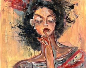 Stampa di un dipinto di donna, ritratto in stile vintage, poster con volto colorato