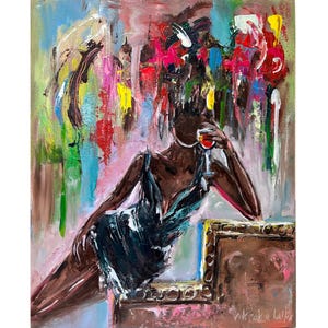 アフリカ系アメリカ人のアートプリント オリジナルアートポスター 黒人女性の絵画プリント ワインアート フラワーアート 顔のない肖像画 具象画