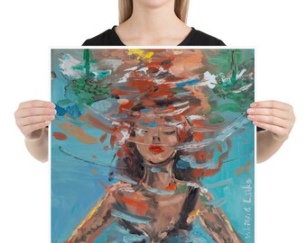 水中女性の絵画プリント：カラフルな水泳選手、心を落ち着かせる肖像画