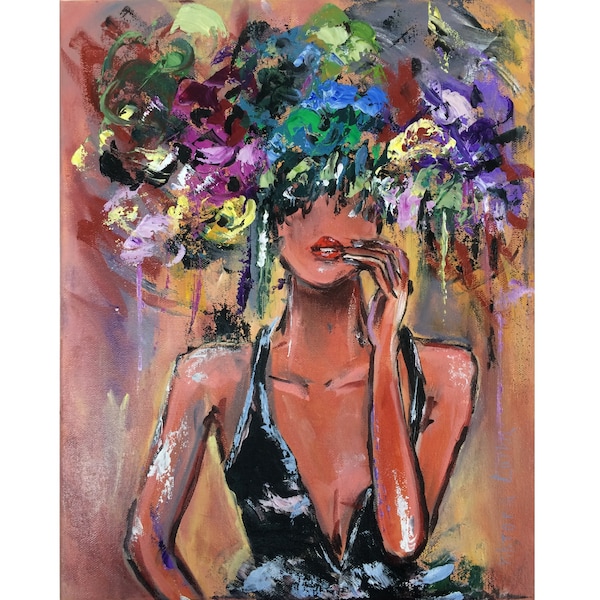 Femme Peinture Impression Originale Art Affiche Floral Femme Œuvre Portrait Femme Mur Art Fleurs Tête Femme Mur Art