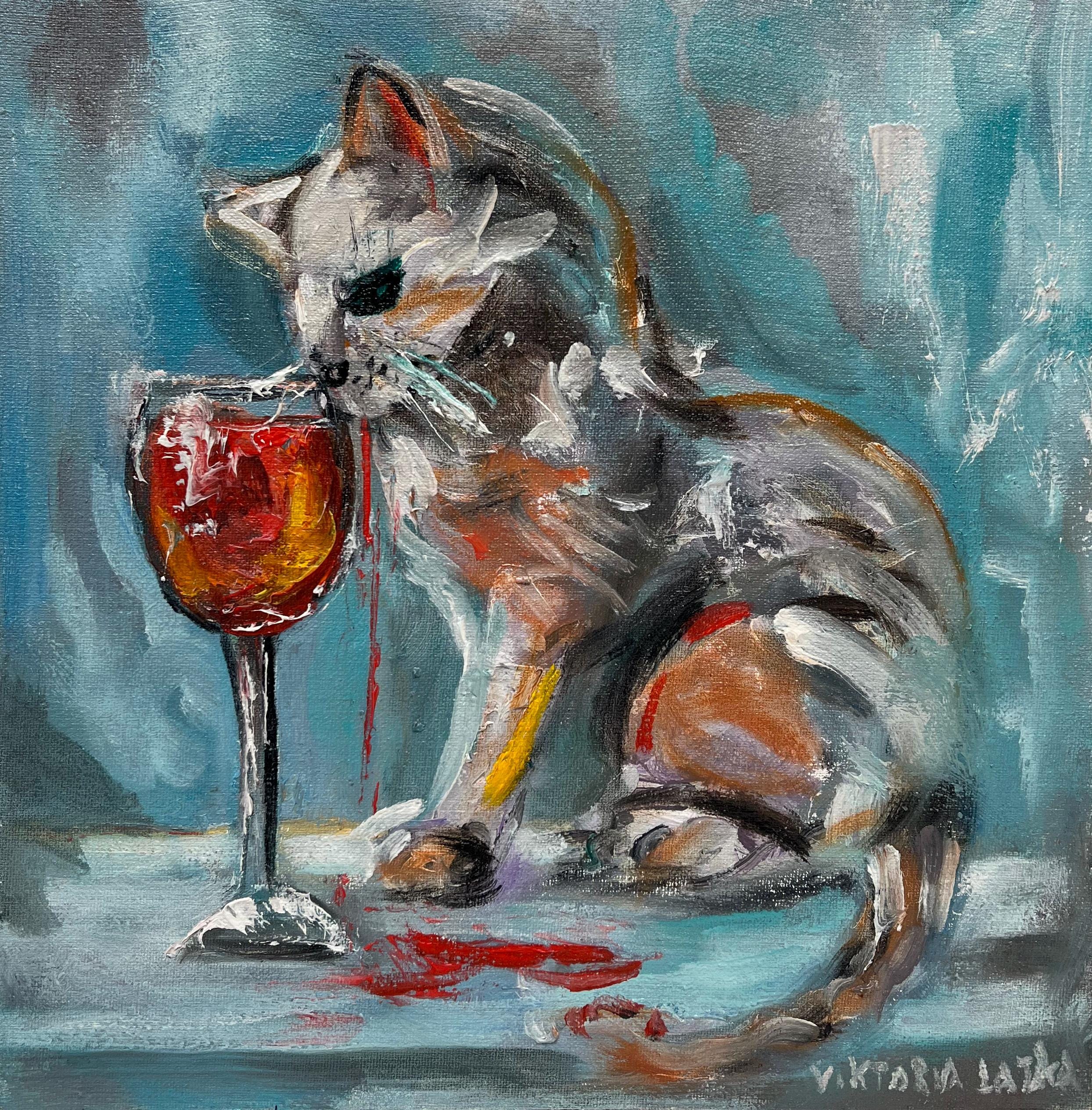 猫とワインの絵画プリント：オリジナルアートのポスター、気まぐれな