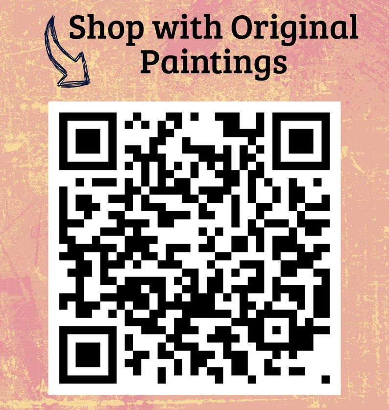May include: A QR code in black and white, set against a textured, pink and yellow background. The text "Shop with Original Paintings" is above the code, with a blue arrow pointing towards it.