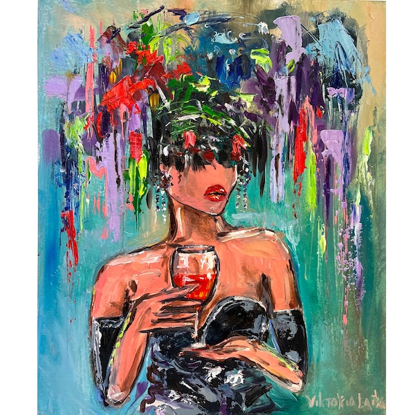 Woman Face Painting Print Original Art Poster Flowers Painting Wine Painting Portrait Woman Art Figurative Wall Art Flowers Woman Art