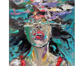 Woman Face Painting Print from Original Art Underwater Painting Colorful Woman Art Portrait Woman Wall Art Swimmer Painting Poster