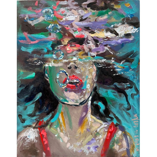 Woman Face Painting Print from Original Art Underwater Painting Colorful Woman Art Portrait Woman Wall Art Swimmer Painting Poster