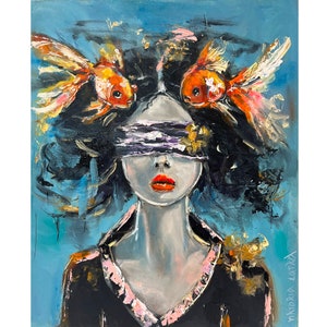 Impresión de pintura de mujer de arte original, pintura submarina, pintura de pez dorado, retrato de mujer, arte de pintura de pez, póster, arte de retrato sin rostro