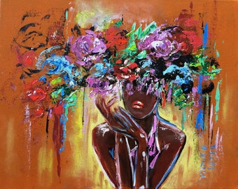 Black Woman Painting Print: Wildflowers & Faceless Portrait, African American Art